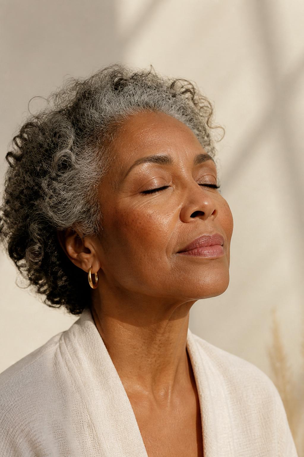 Portrait of a woman with grey curly hair, eyes closed in meditation