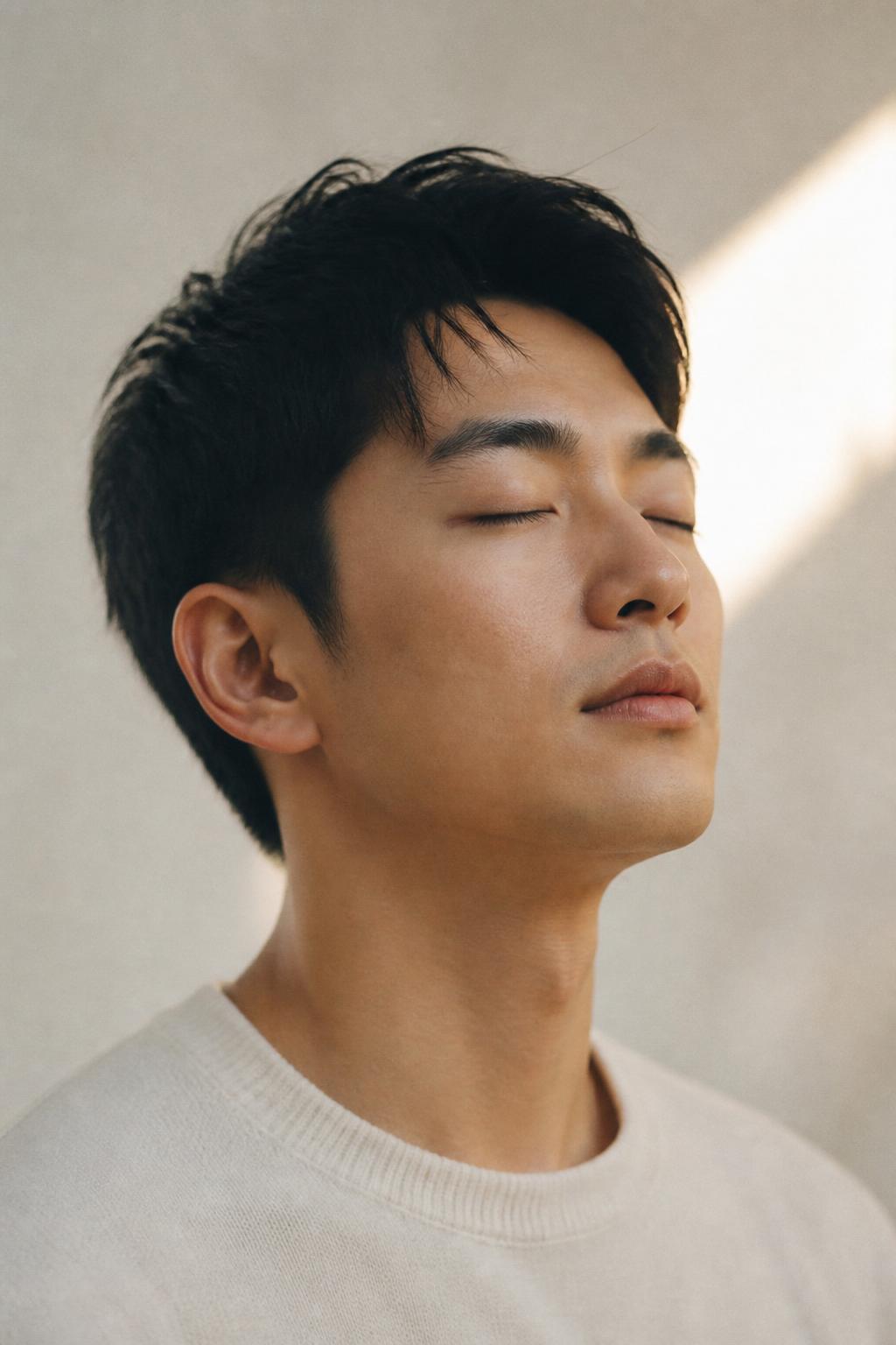 Portrait of a young man with dark hair, eyes closed in meditation
