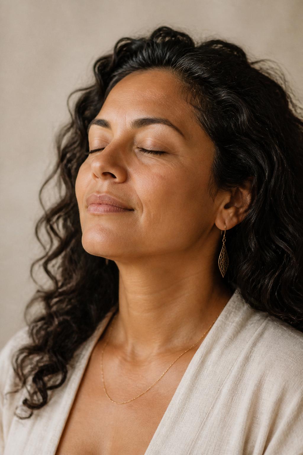 Portrait of a woman with dark curly hair, eyes closed in meditation