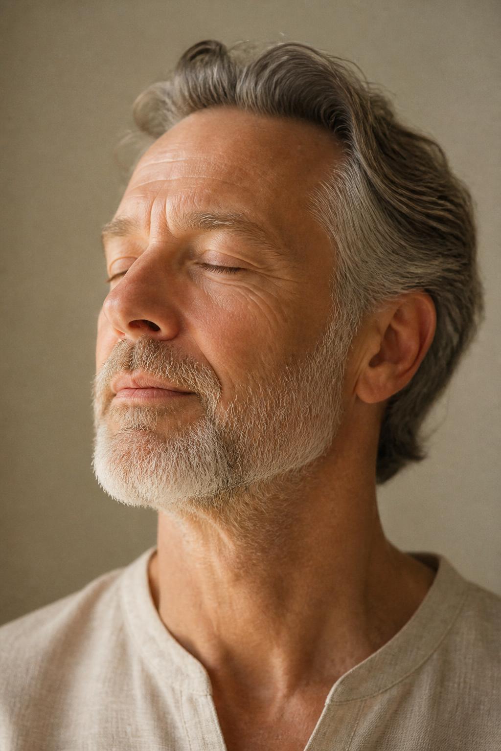 Portrait of an older man with grey beard, eyes closed in meditation